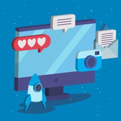 isometric computer with social media icon collection design, multimedia communication and digital theme Vector illustration
