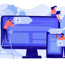 Developers use software on multiple devices. Cross-platform software, multi-platform and platform-independent software concept on white background. Pinkish coral bluevector isolated illustration