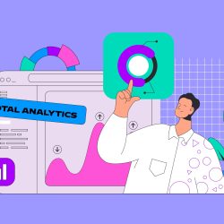 Data analysis concept in modern flat design for web. Man analyzing graphs, making marketing research, working with database and charts. Vector illustration for social media banner, marketing material.